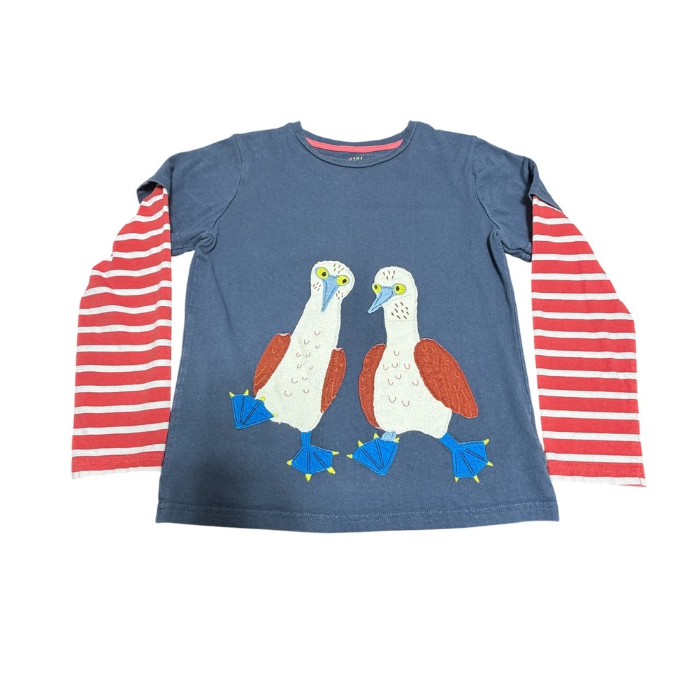 Mini Boden Navy Blue Top with Red Striped Sleeves and Bird Appliqué